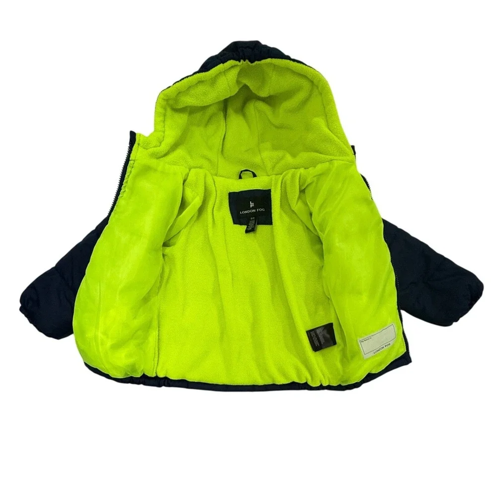 London Fog Kids Navy Blue Yellow Fleece Lined Puffer Jacket Hooded Size S/4